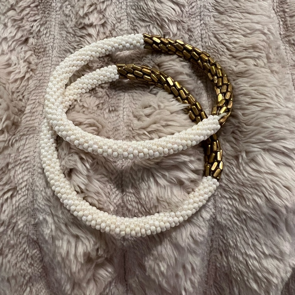 Beaded White and Gold Bracelets from India - Set of 2